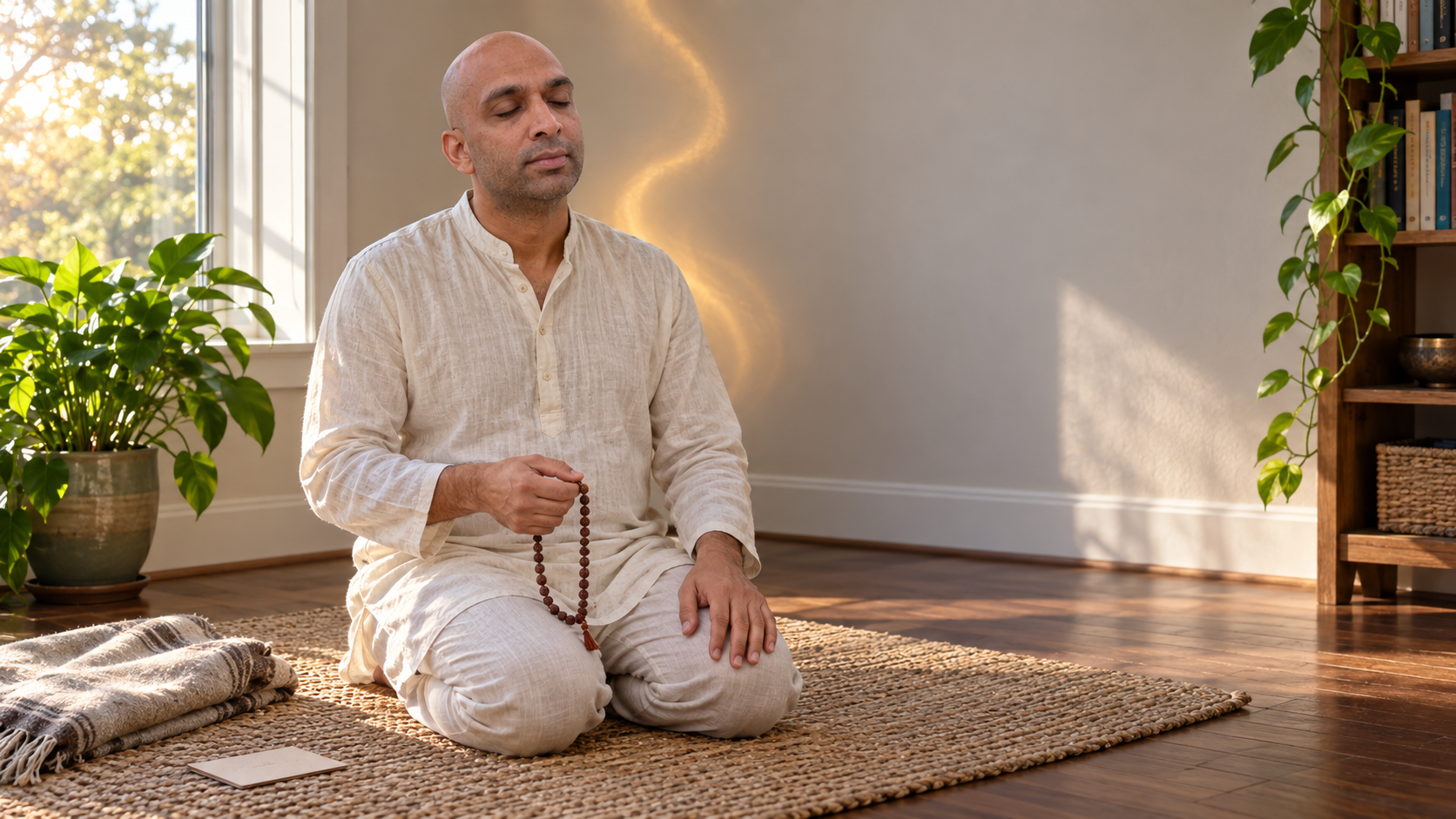 DhyaanGuru undertaking private mantra japa in a quiet home practice space