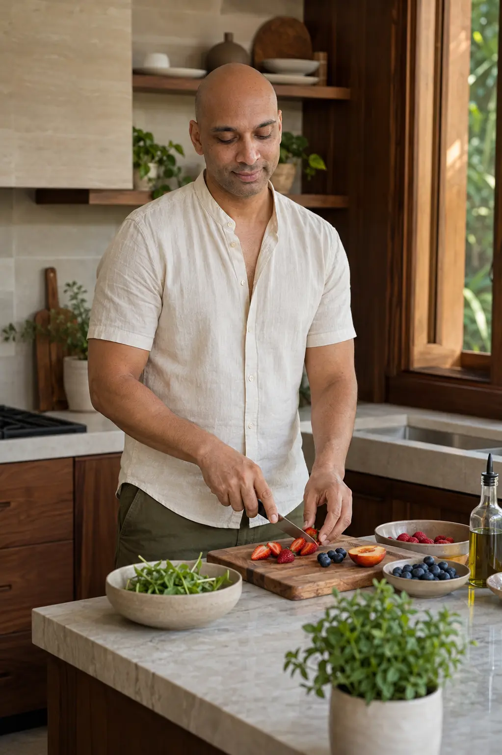 Mindful cooking with fresh fruit in a sunlit kitchen