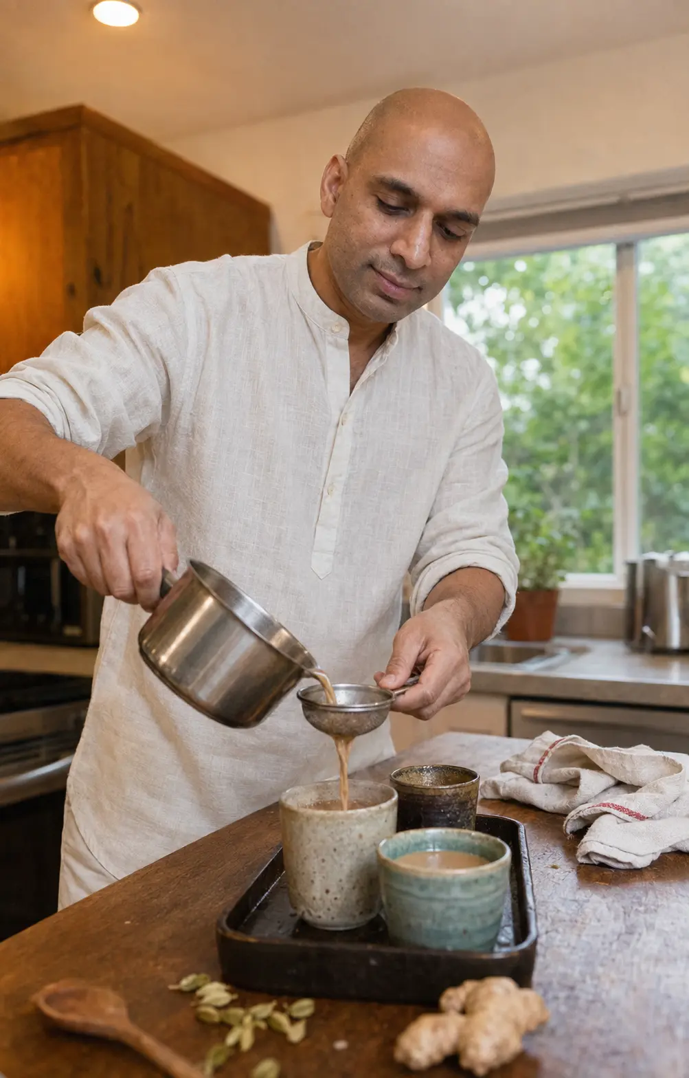DhyaanGuru pouring freshly brewed chai through a strainer into ceramic cups