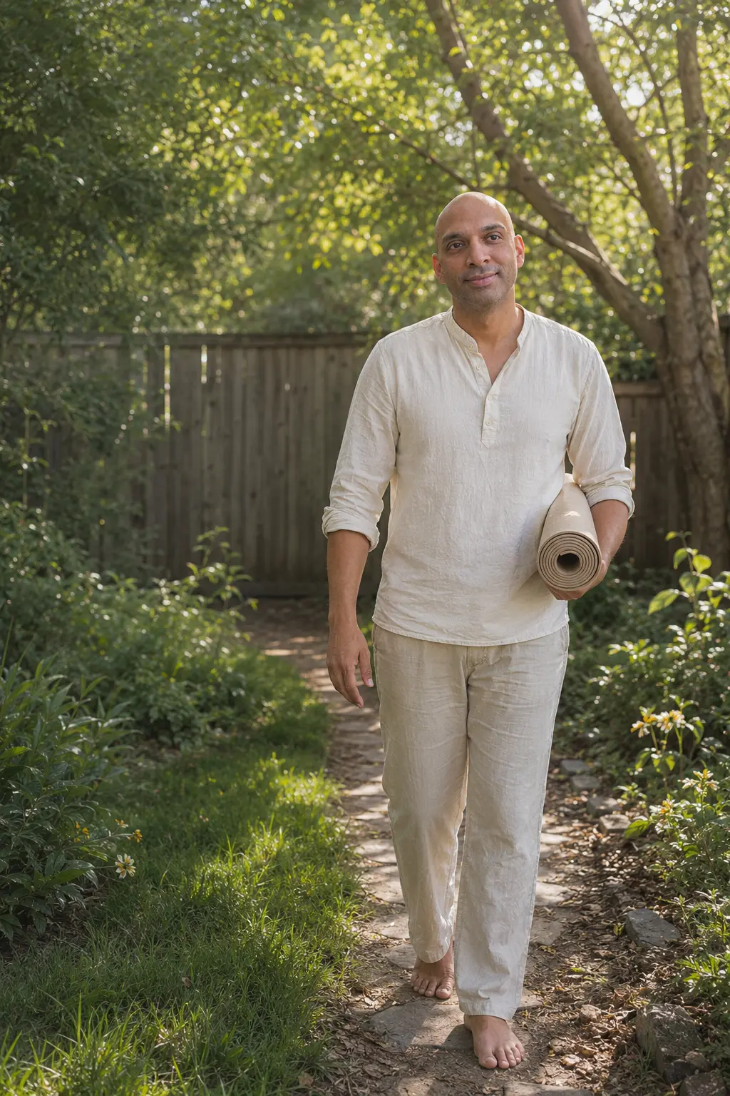 DhyaanGuru walking barefoot through a garden carrying a yoga mat