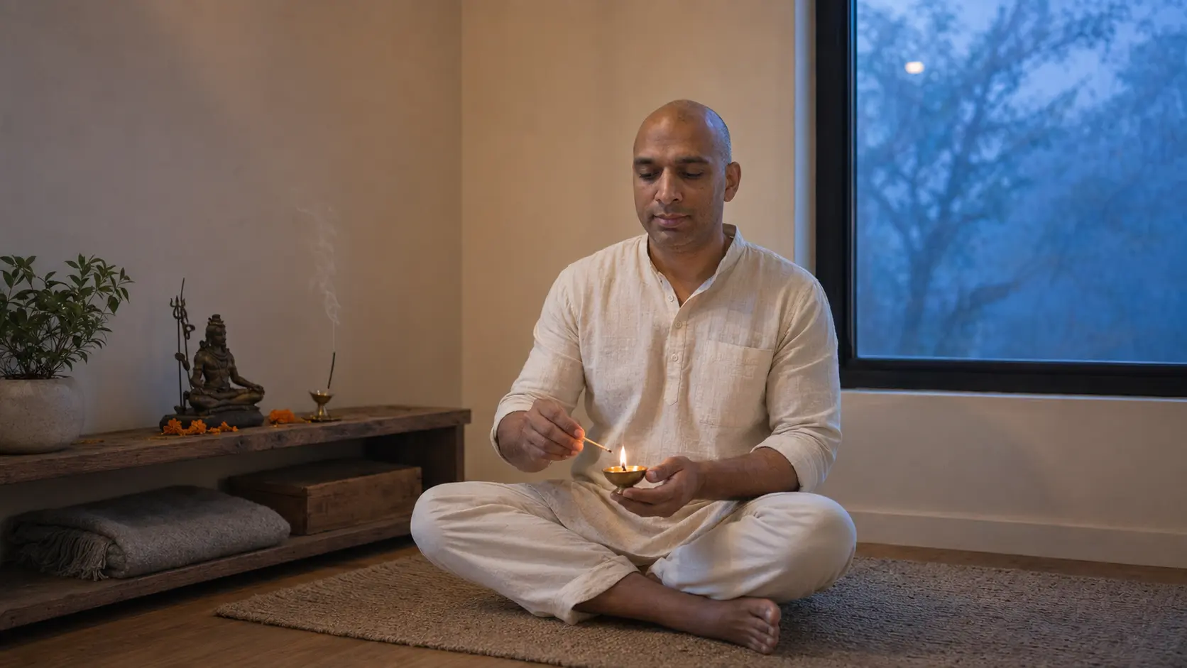 DhyaanGuru lighting a small brass diya at a home shrine at dusk