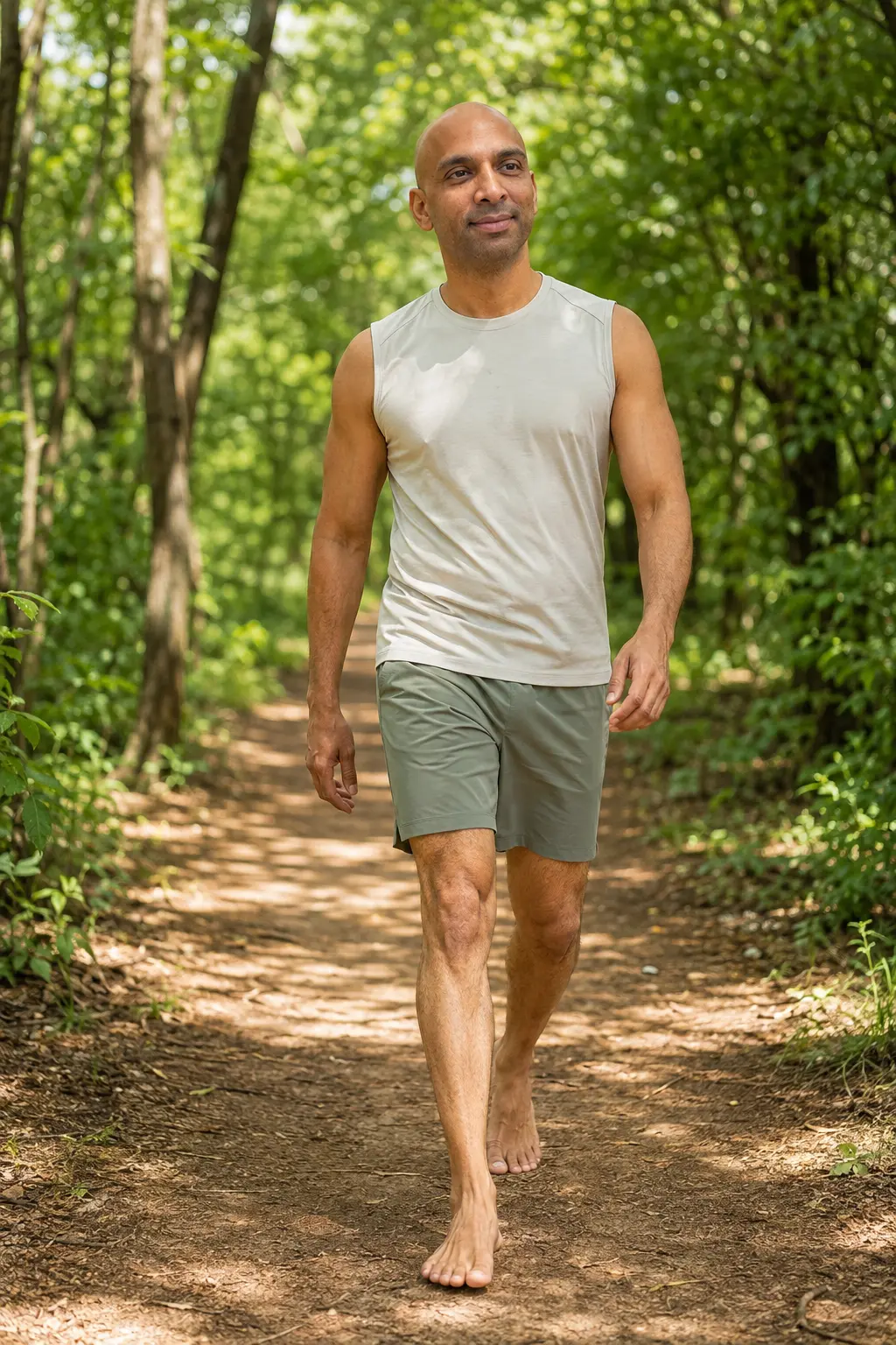 DhyaanGuru walking barefoot along a sunlit woodland trail