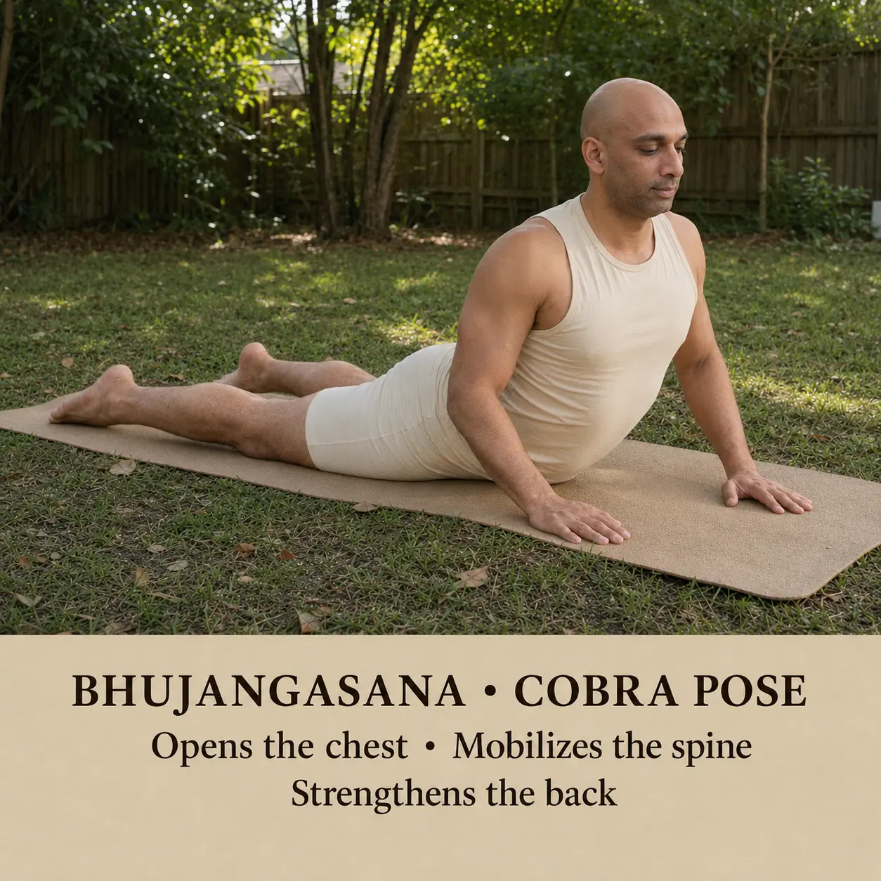 Cobra pose practised on a mat in a sunlit backyard