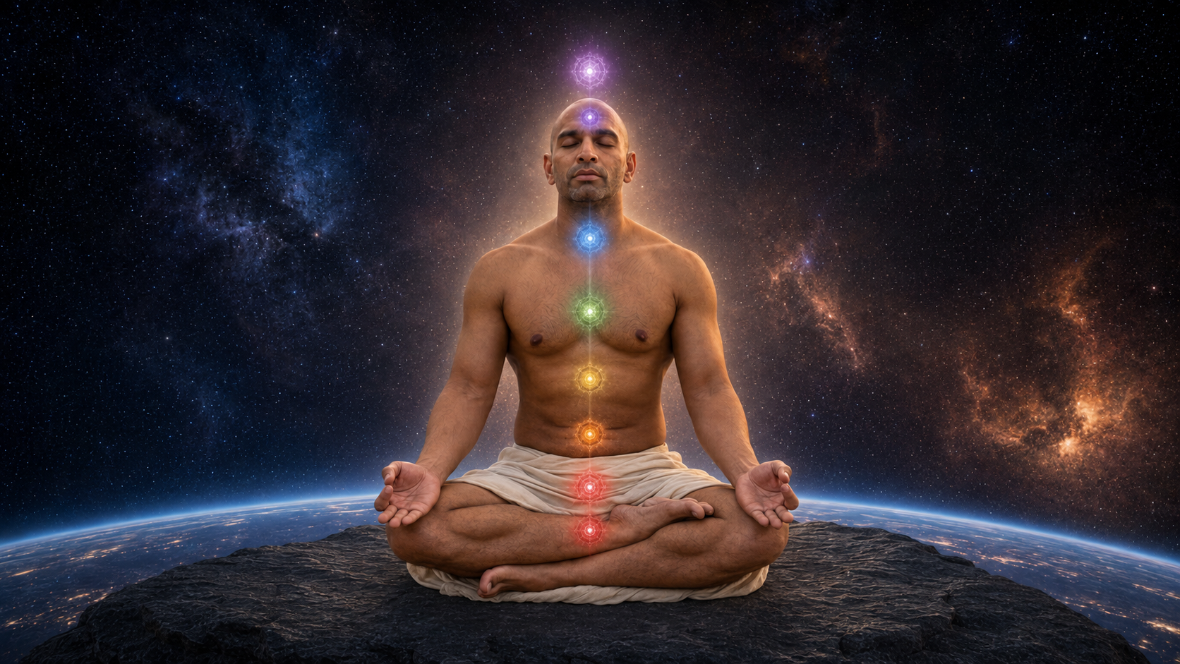 The body as a living temple — glowing chakras in meditation