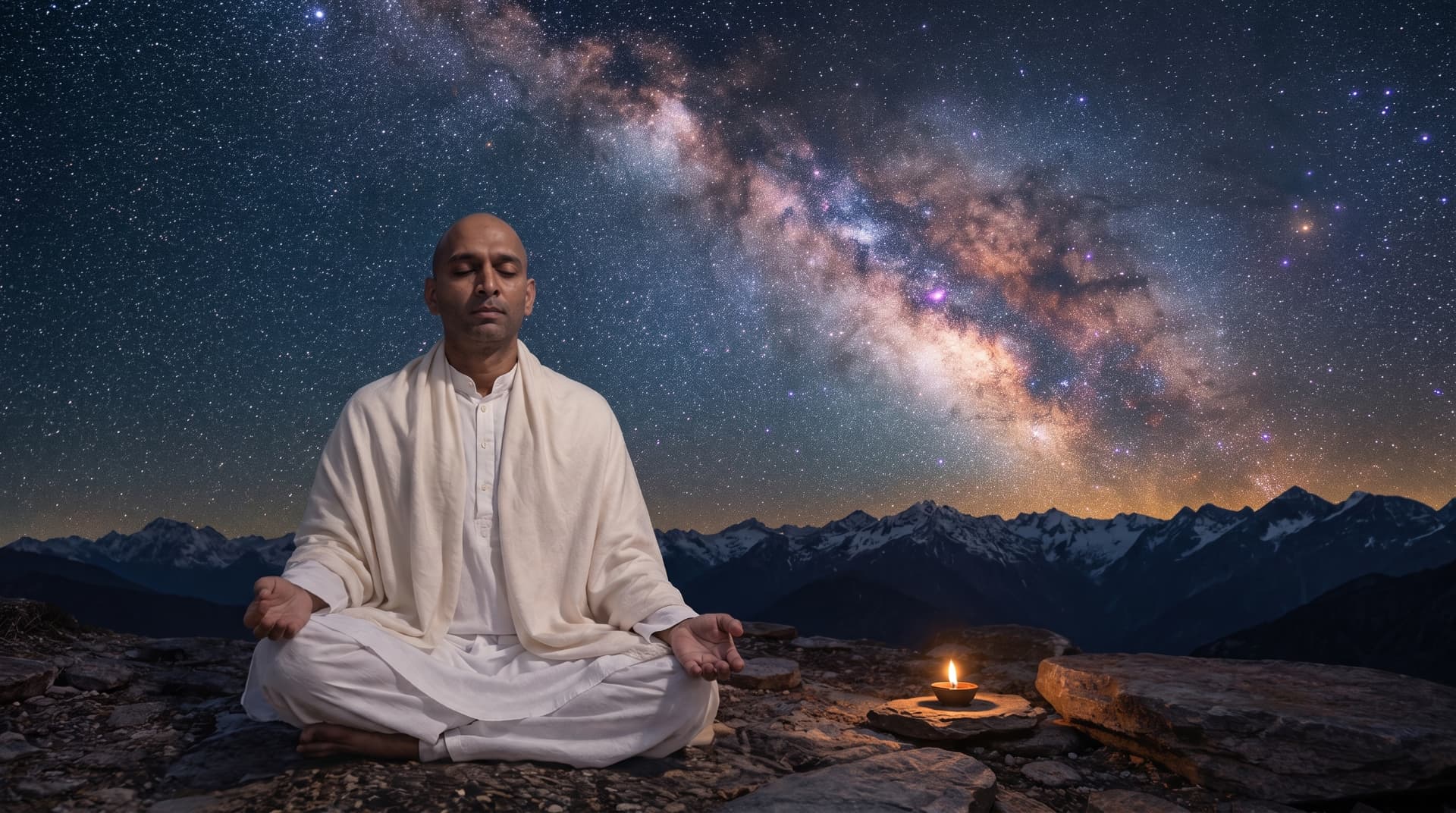 DhyaanGuru meditating under the Milky Way in the Himalayas