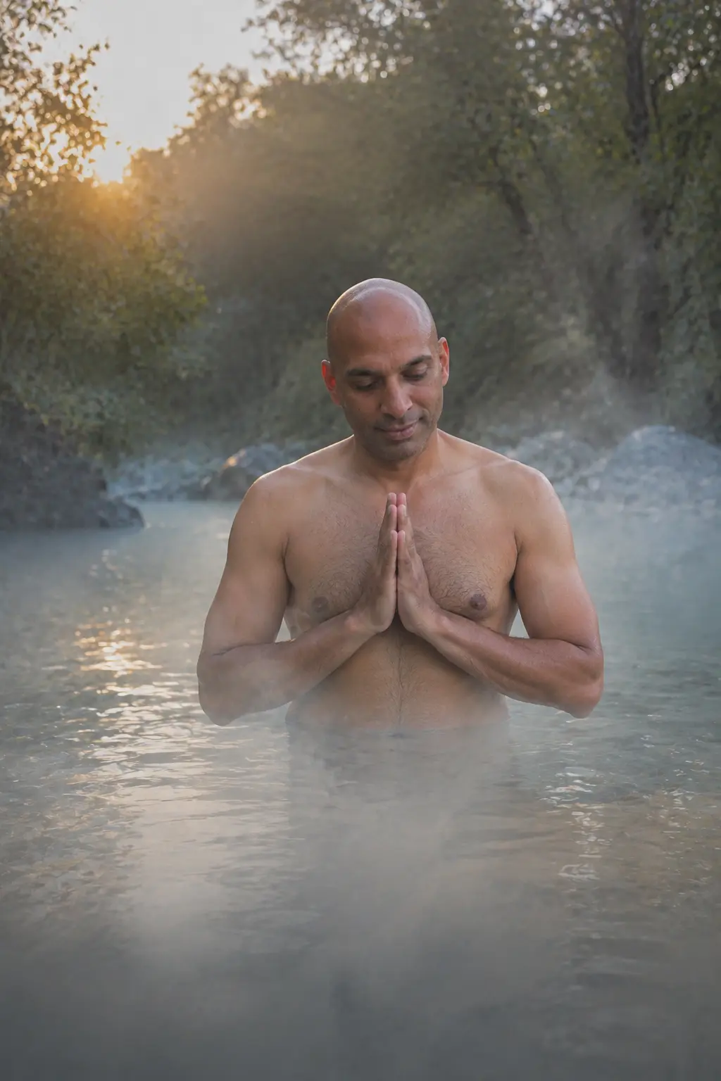 Dawn river purification with hands joined in prayer