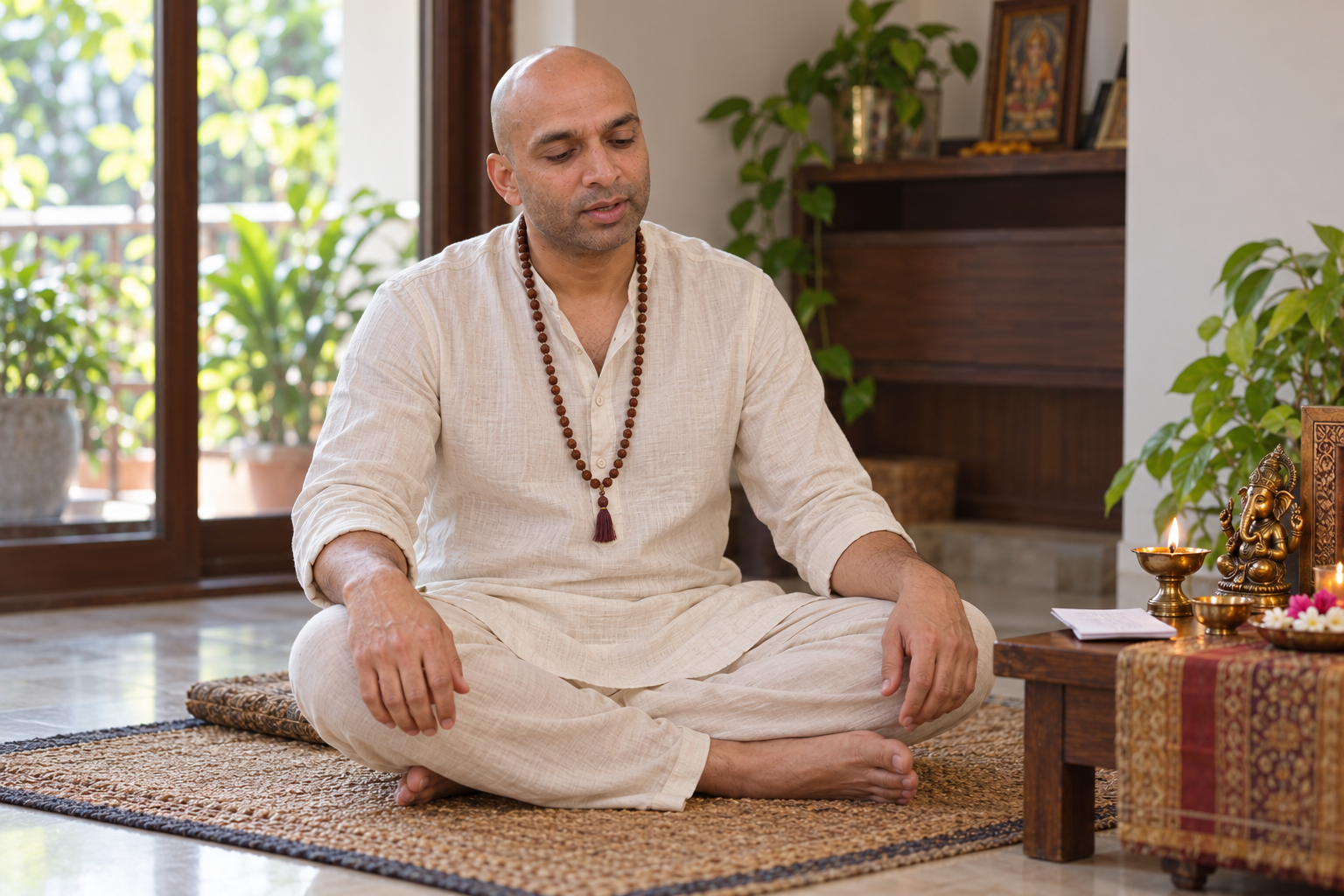 DhyaanGuru seated in quiet japa beside a lit diya and altar