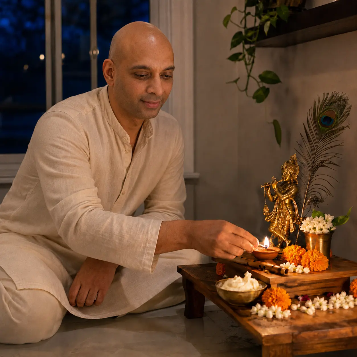 Lighting a diya before a small Krishna altar in the evening