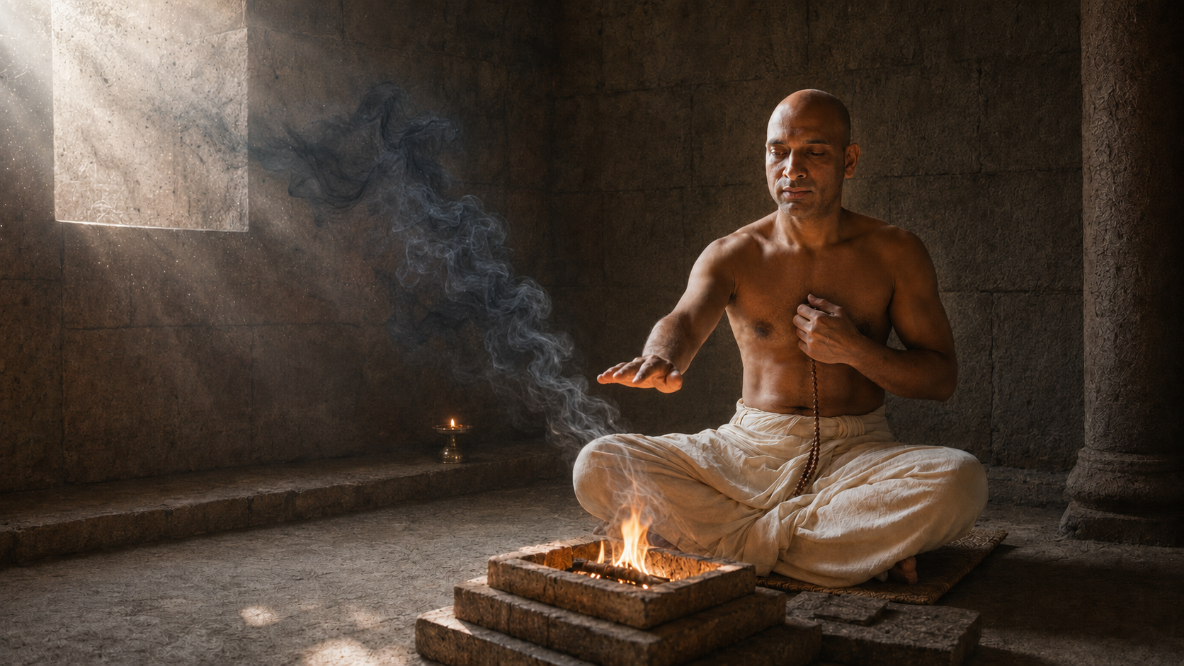 DhyaanGuru extending a hand toward a small ritual fire in a stone chamber, smoke rising in shafts of light
