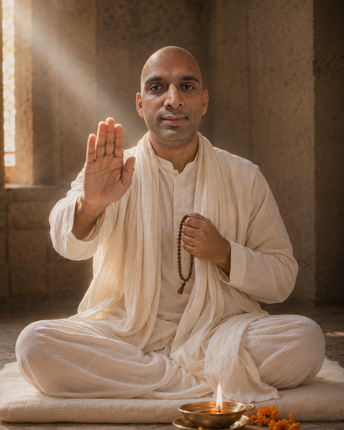DhyaanGuru seated with a raised blessing hand, holding a rudrākṣa mālā