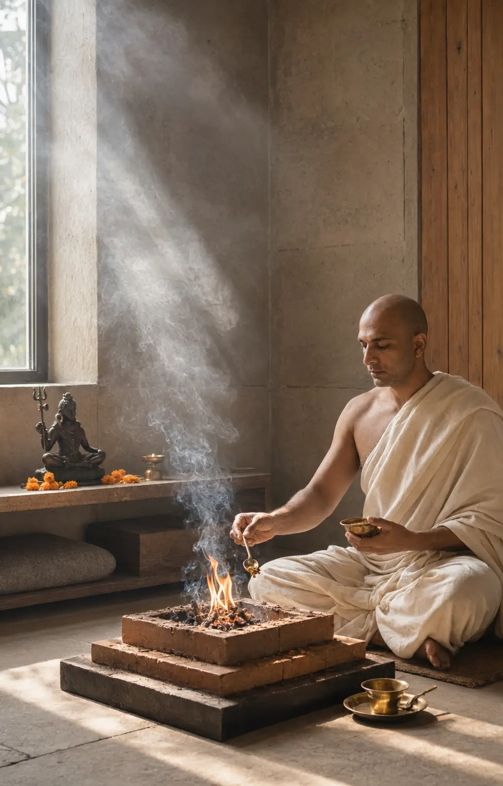 DhyaanGuru performing a sacred fire ritual with rising smoke in a quiet stone room
