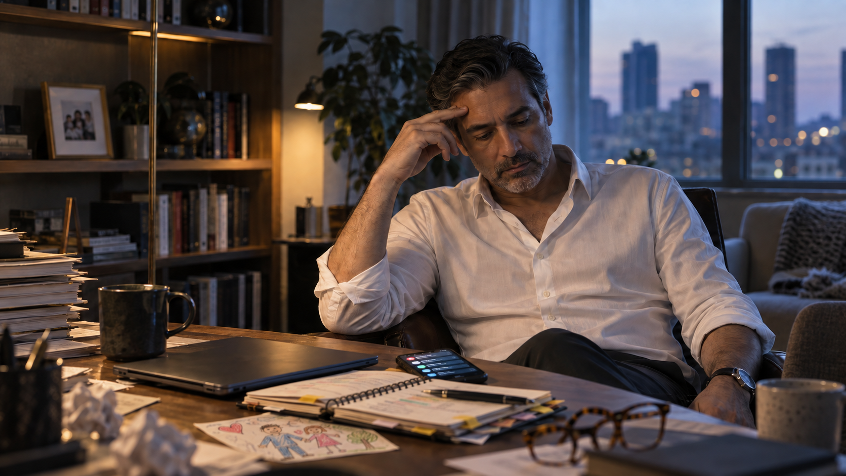 An exhausted senior executive alone after work, surrounded by unfinished tasks, family reminders, and unanswered messages