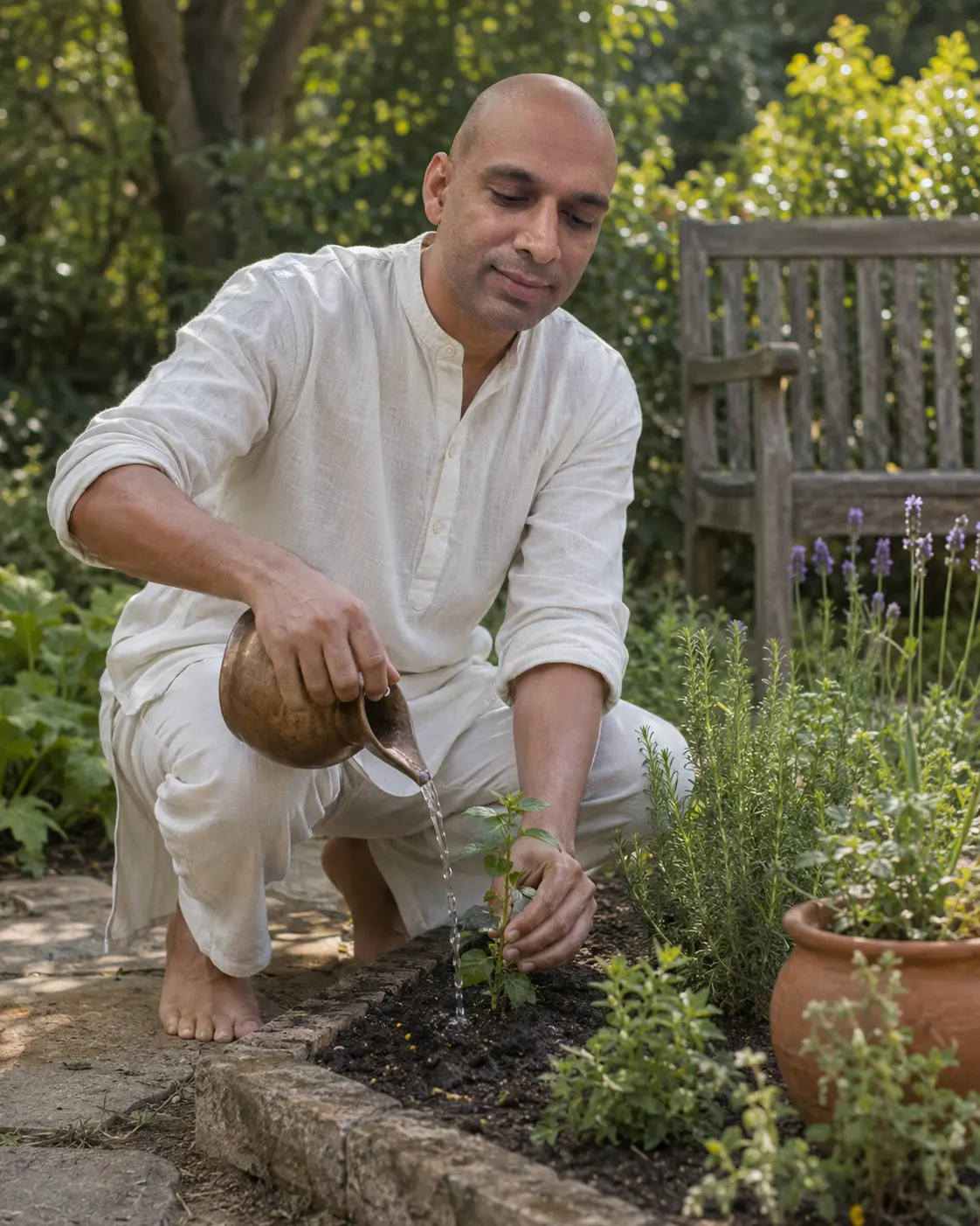 DhyaanGuru kneeling in a garden, watering a young plant from a copper vessel