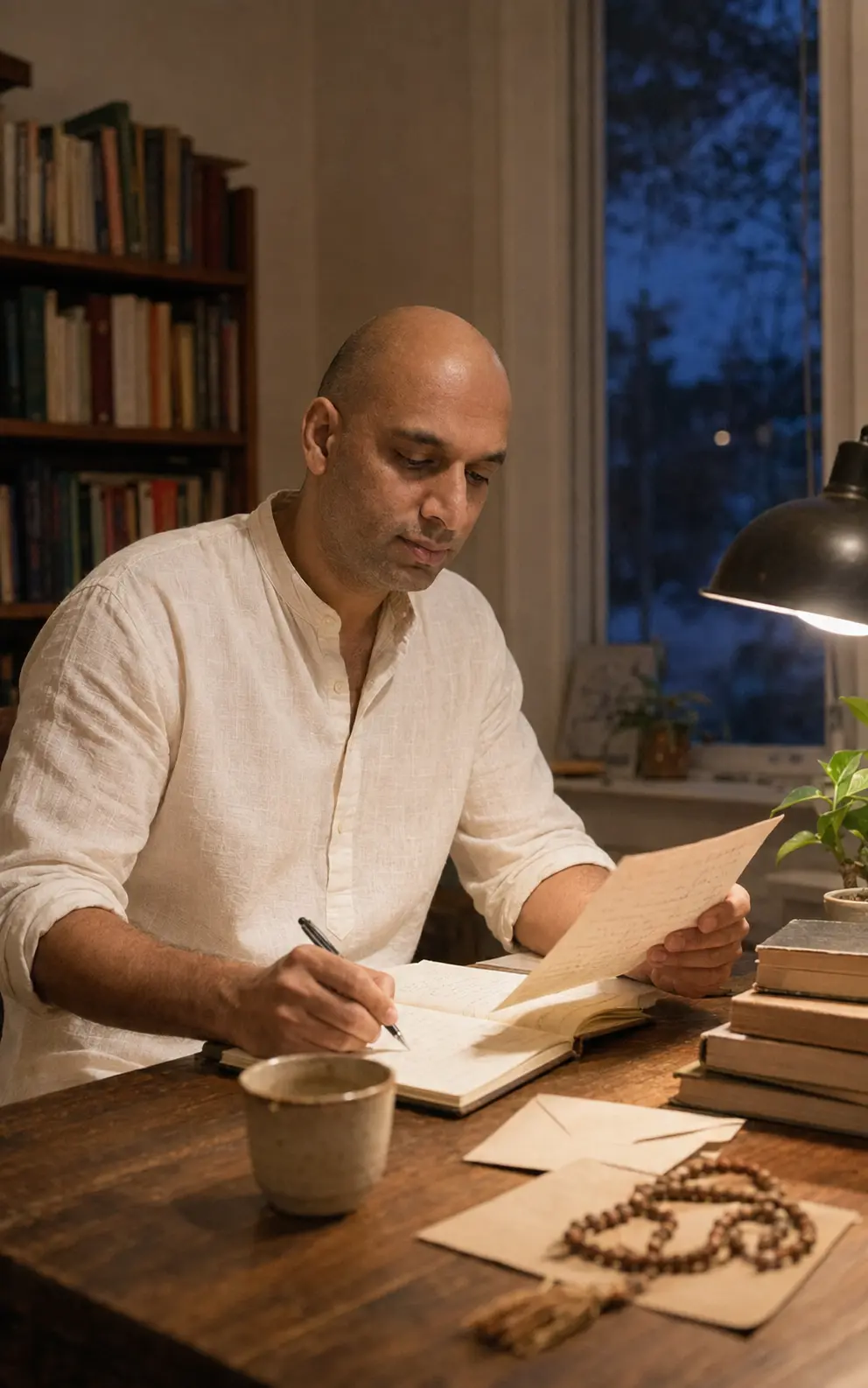 DhyaanGuru writing replies by lamplight at a wooden desk stacked with books and letters
