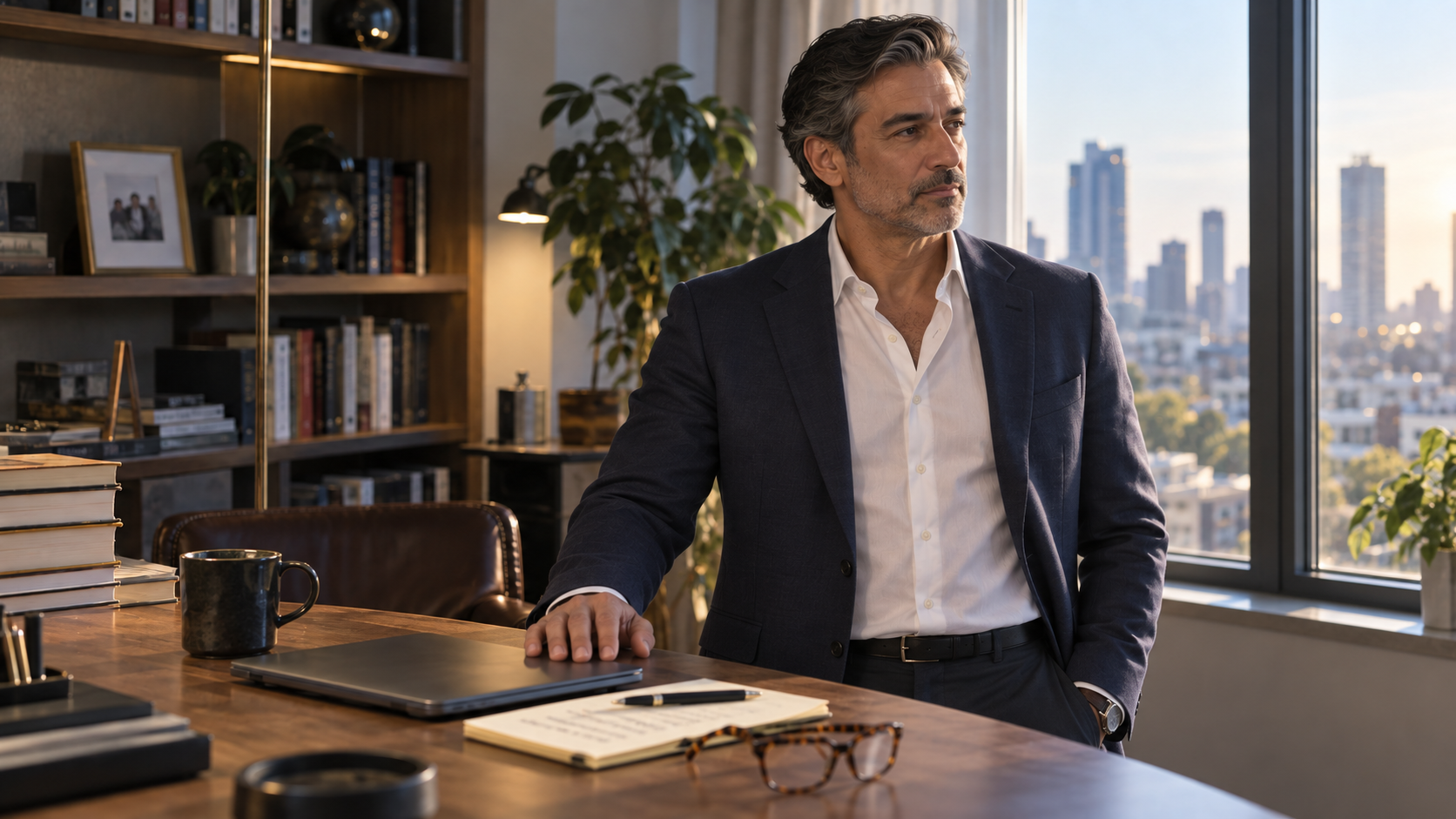 The same executive standing calmly in his study with renewed clarity