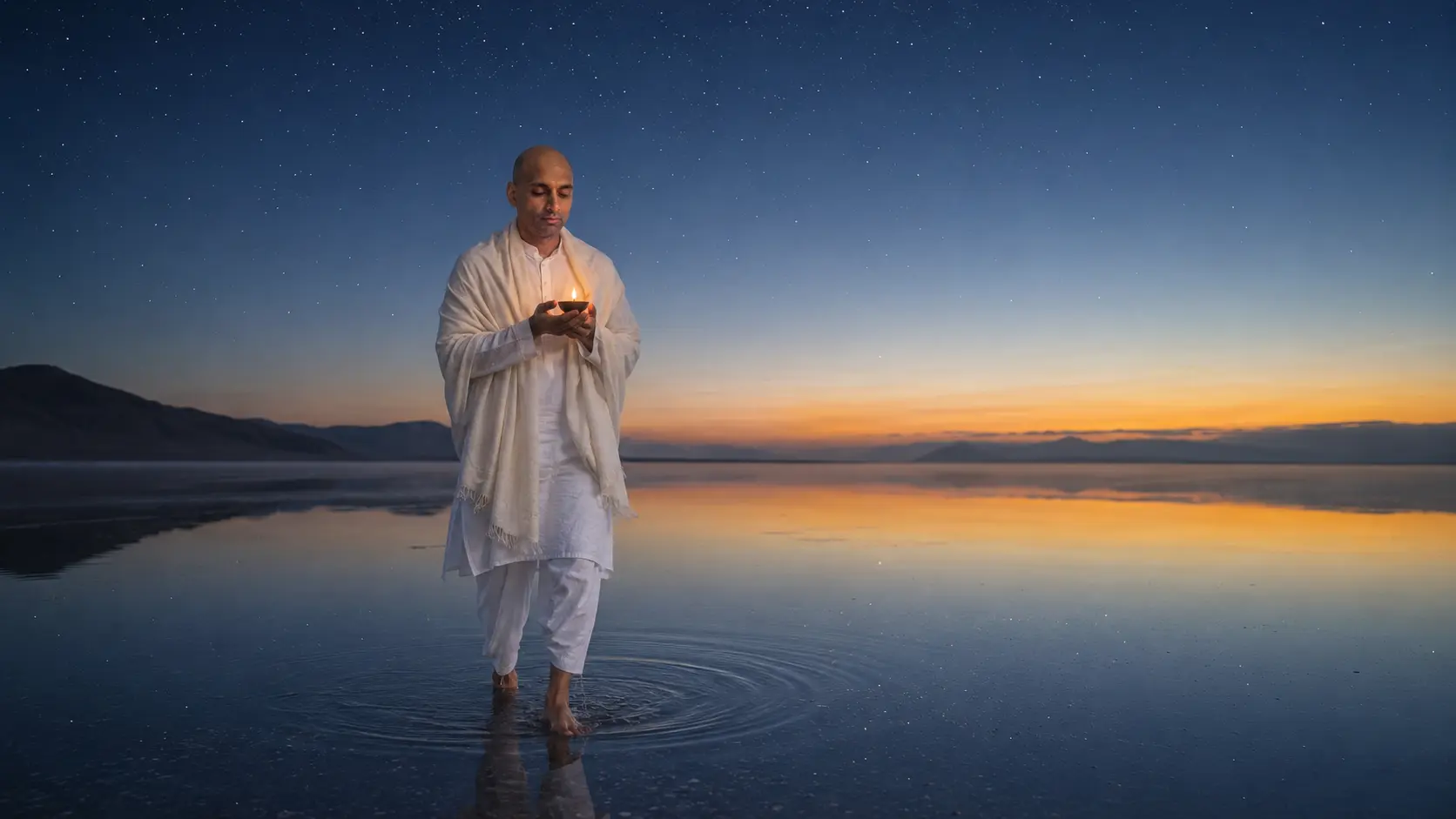 DhyaanGuru walking across still water at dusk, carrying a small lit lamp