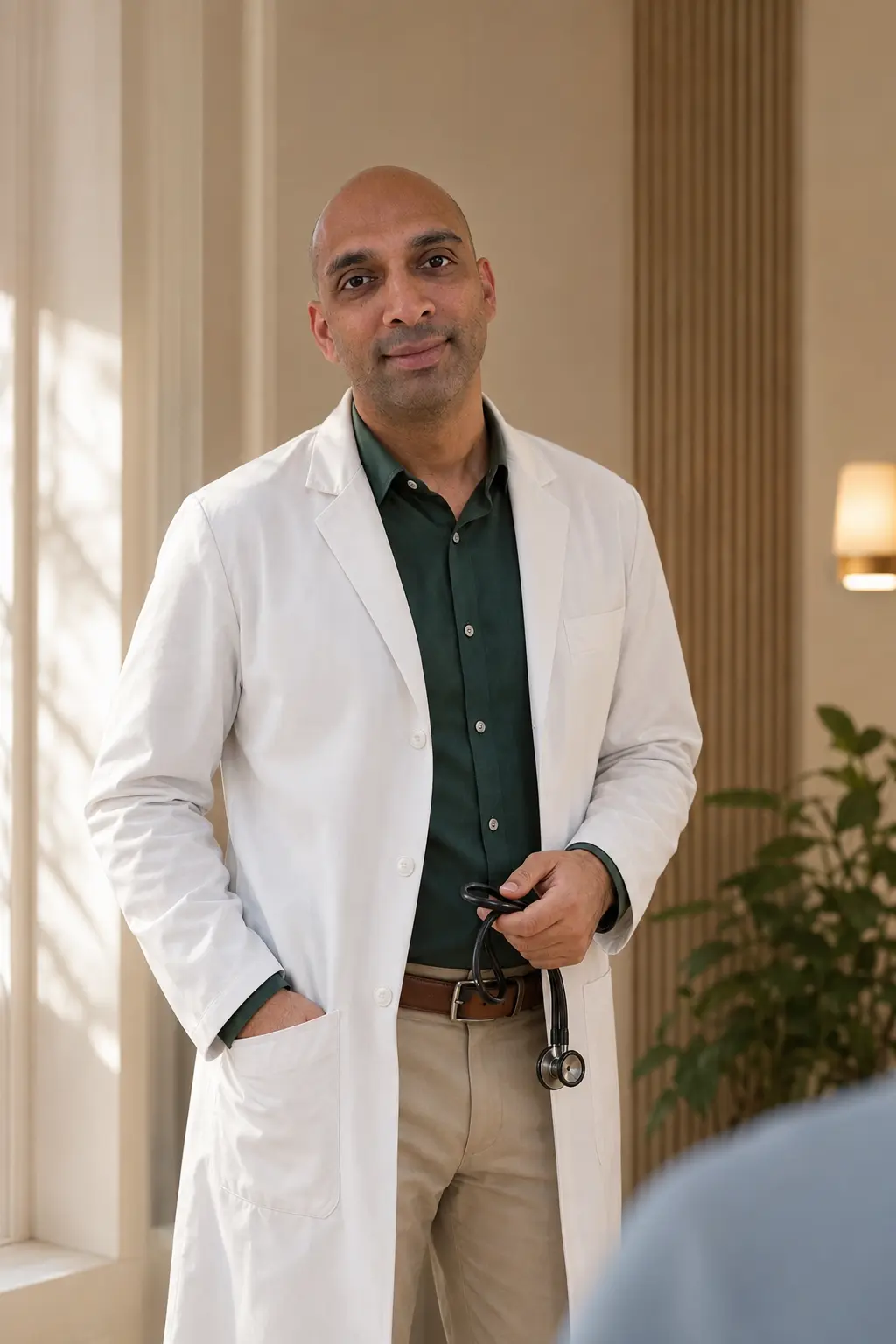Dr. Nipun Aggarwal in a white coat in a sunlit consultation room