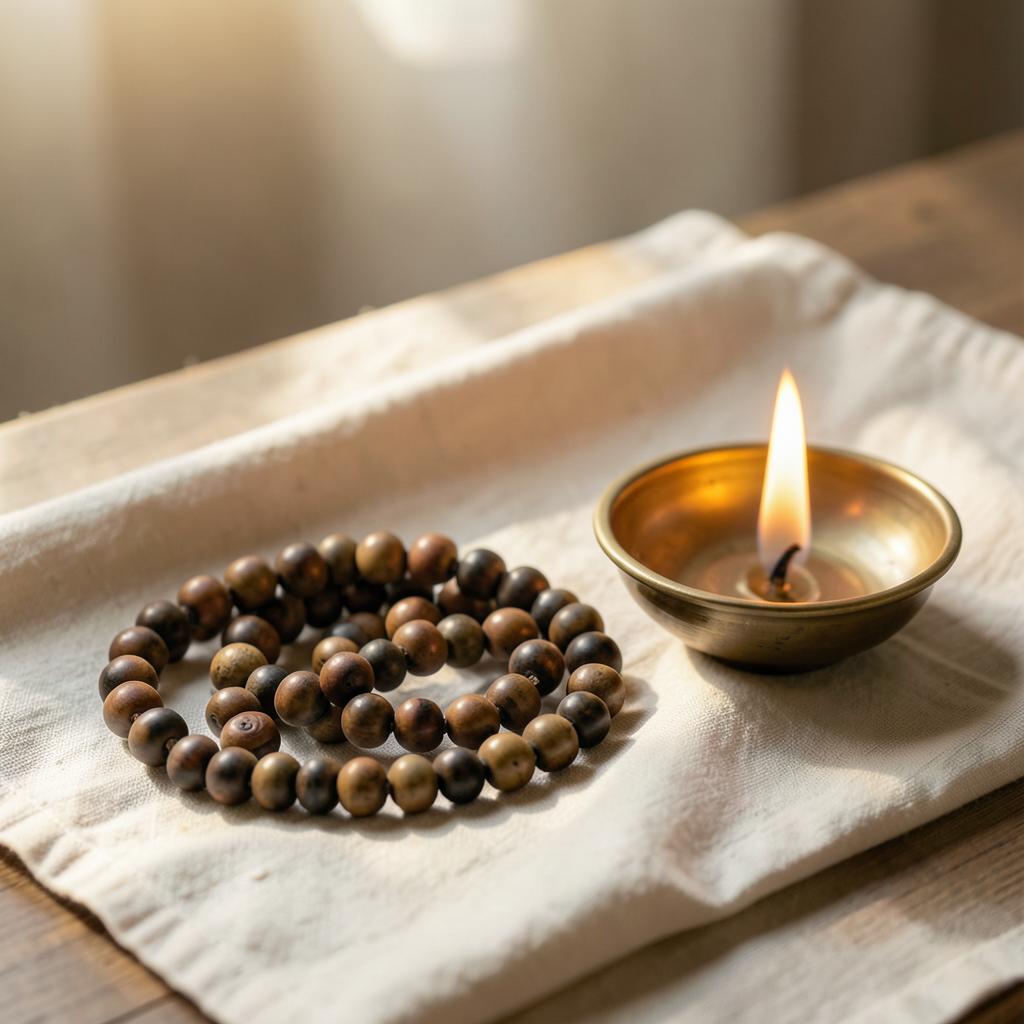 Rudraksha mala beads beside a lit diya