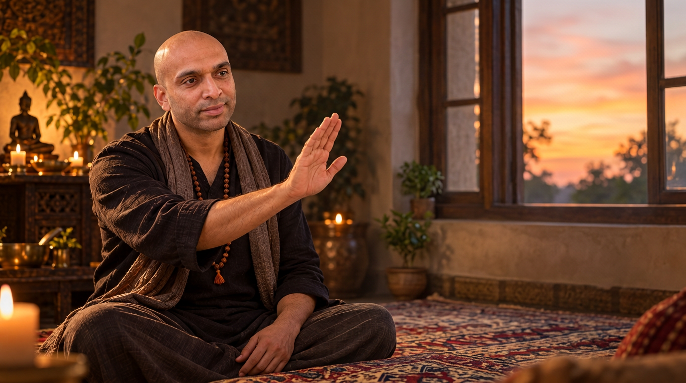 DhyaanGuru seated in a quiet sacred room at sunset